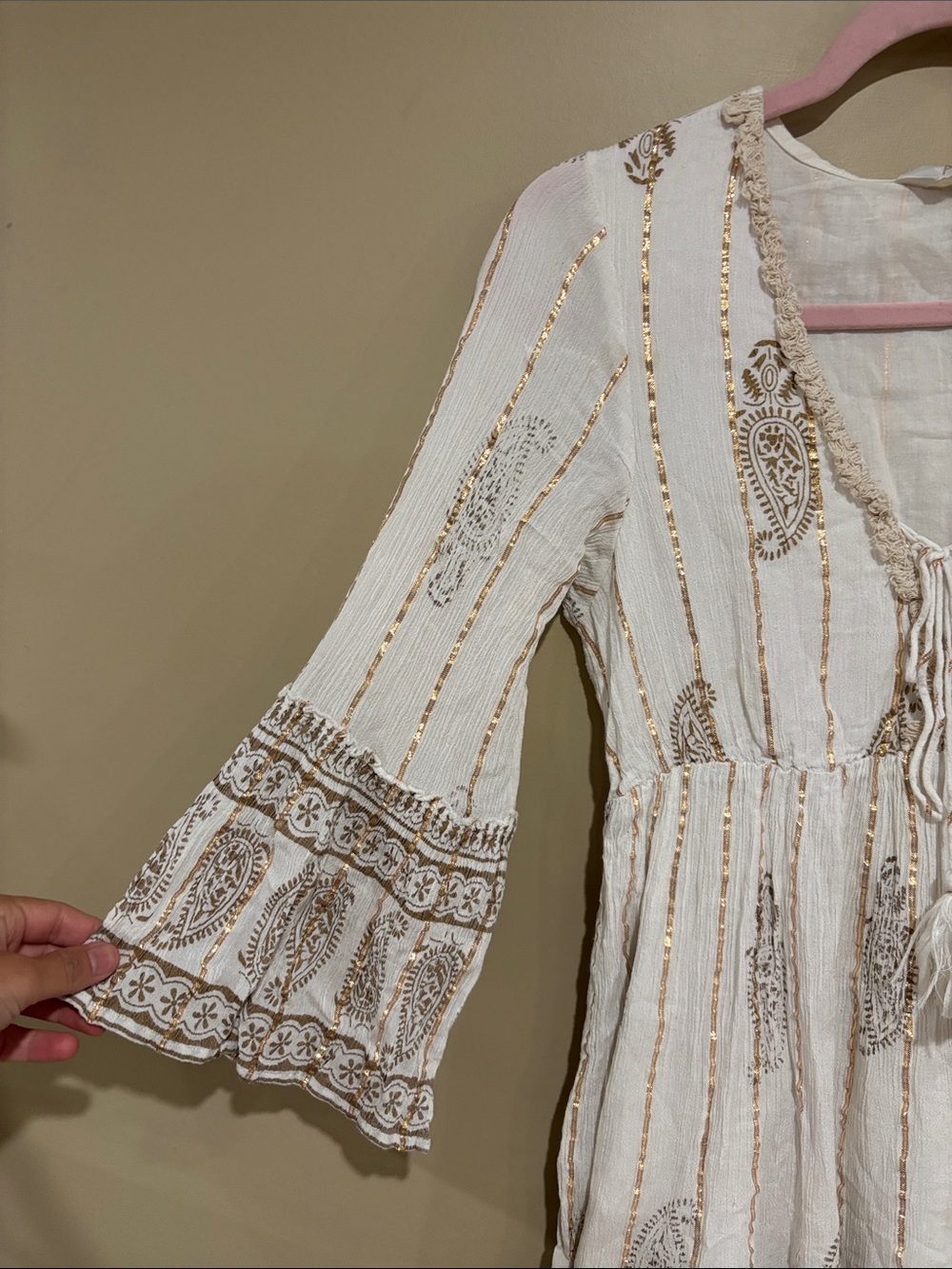 Boho Tassel Tie V-Neck Women’s Dress in Cream and Brown - Picture 2 of 6
